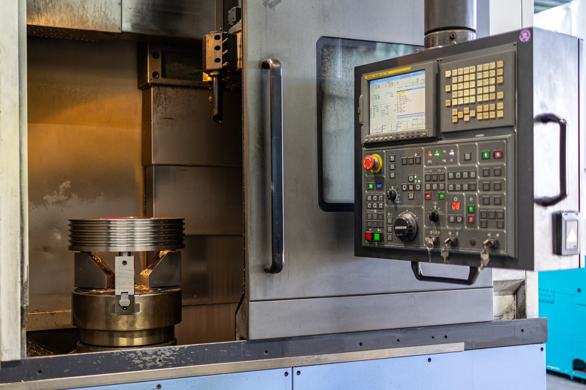 An elevator sheave clamped in a CNC vertical turning centre at the FUKA works in Cologne
