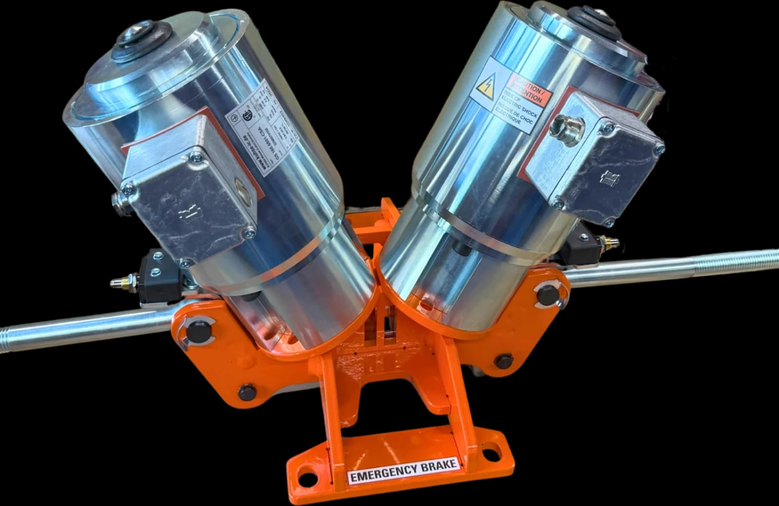 Titan Dual Plunger Retrofit Brake Kit with orange mounting frame and twin plungers